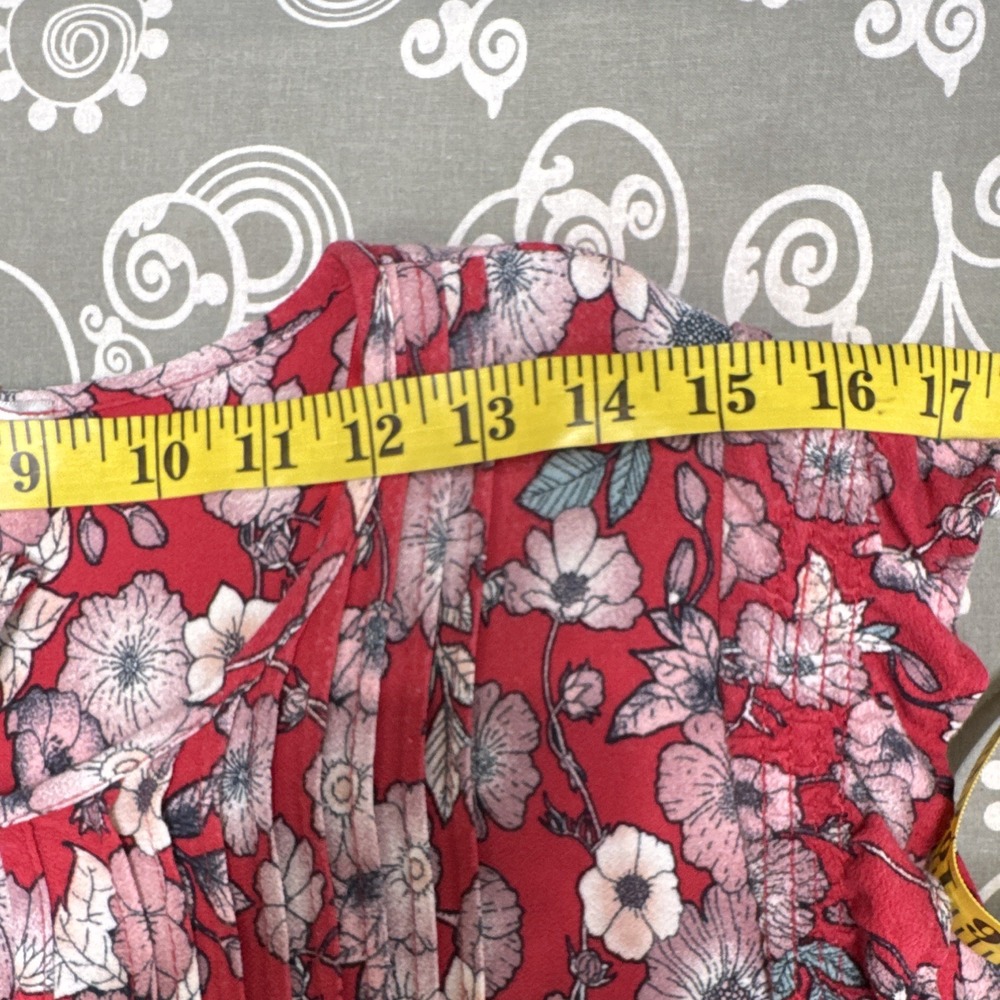 Feelib Womens Red Floral Blouse V-Neck Tie Closure Tasseled Short Sleeve - Picture 4 of 6